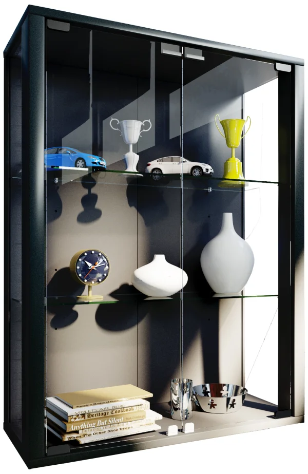 Udina Vitrinenschrank Wandmontage 2 Glastüren 2 Glasböden. schwarz.