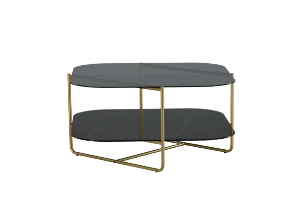 Un-line Couchtisch 85x85cm Messing dekor, Glas rauchfarben.