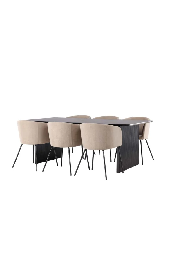 Vail Essgruppe Tisch schwarz und 6 berit Stühle beige.