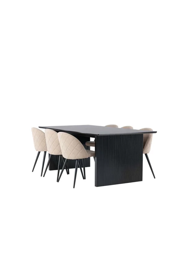 Vail Essgruppe Tisch schwarz und 6 Velvet Stühle beige.