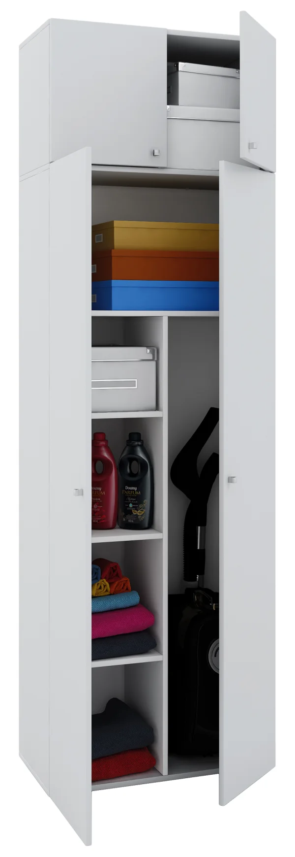 Vandol II Universalschrank, Reinigungsschrank mit Oberschrank 4 Türen Weiß.