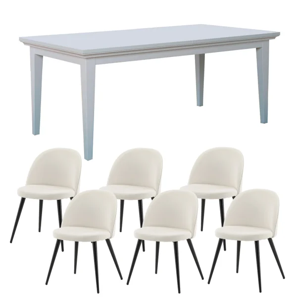 Venedig Essgruppe Tisch weiß 95x180/276 mit 2 Stk. Zusatzplatten 6 Stühlen Samt beige.