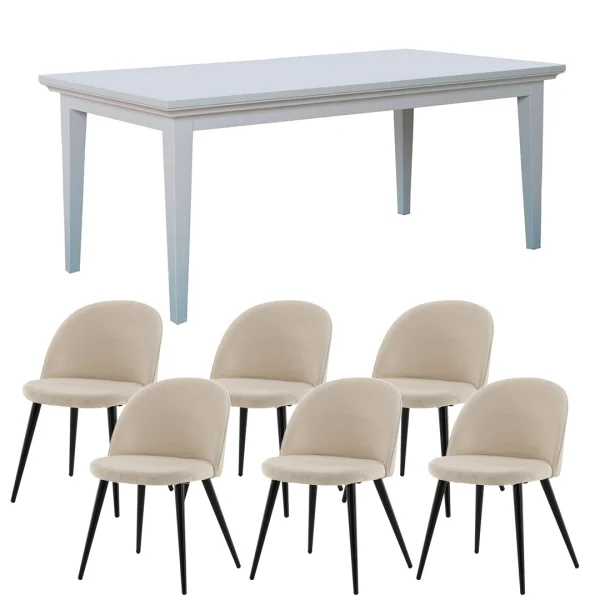 Venedig Essgruppe Tisch weiß 95x180/276 mit 2 Stk. Zusatzplatten 6 Stühlen Velour beige.