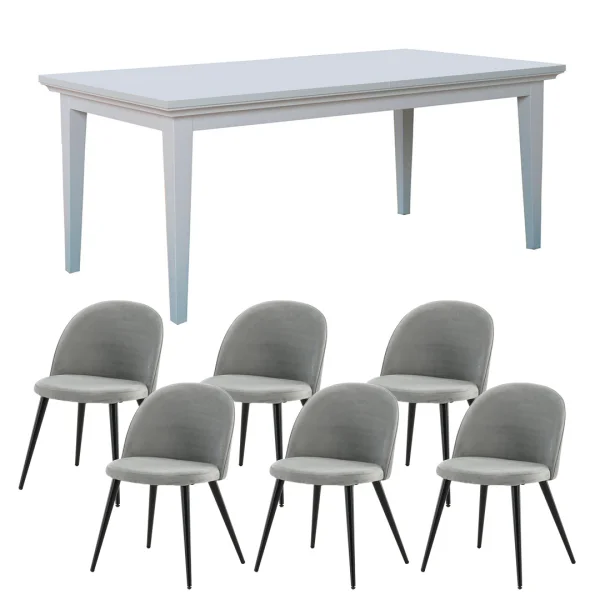 Venedig Essgruppe Tisch weiß 95x180/276 mit 2 Stk. Zusatzplatten 6 Stühlen Velour grau.