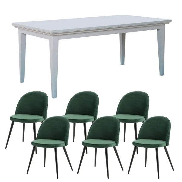Venedig Essgruppe Tisch weiß 95x180/276 mit 2 Stk. Zusatzplatten 6 Stühlen Velour grün.