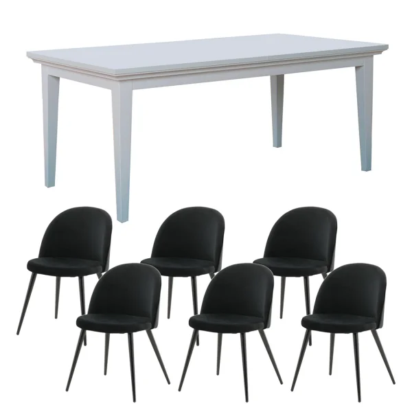 Venedig Essgruppe Tisch weiß 95x180/276 mit 2 Stk. Zusatzplatten 6 Stühlen Velour schwarz.