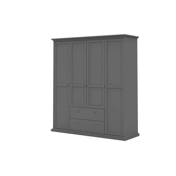 Venedig Kleiderschrank 4 Türen und 2 Schubladen matt grau.