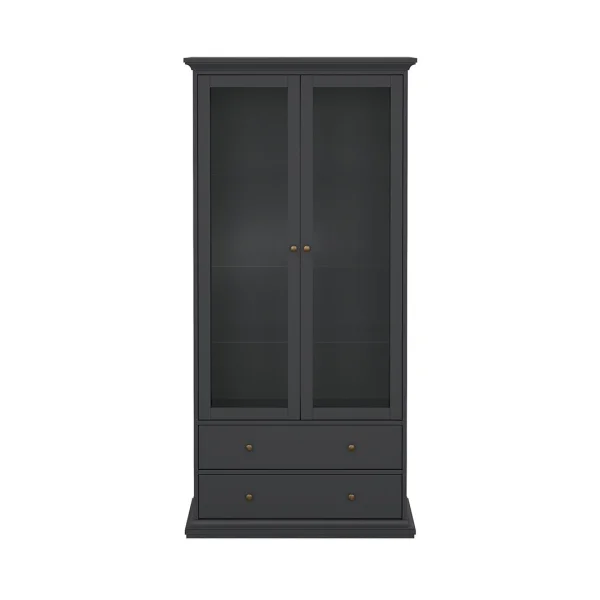 Venedig Vitrinenschrank 2 Glastüren und 2 Schubladen matt grau.