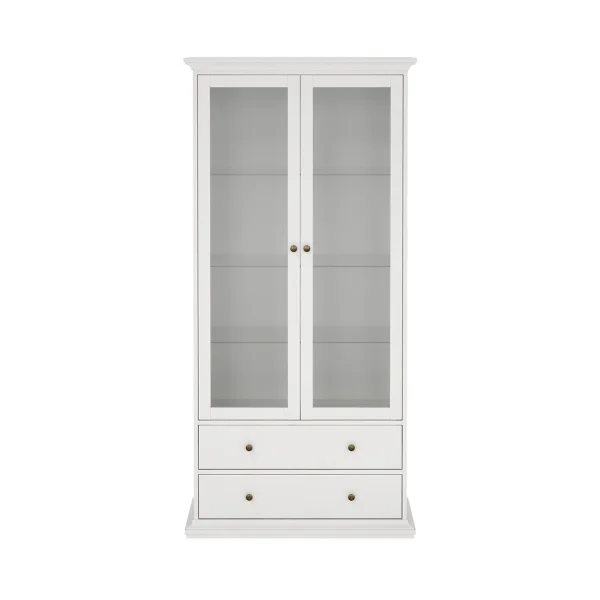 Venedig Vitrinenschrank 2-Türig mit 2 Schubladen, Breite 97 cm, Höhe 201 cm weiß.