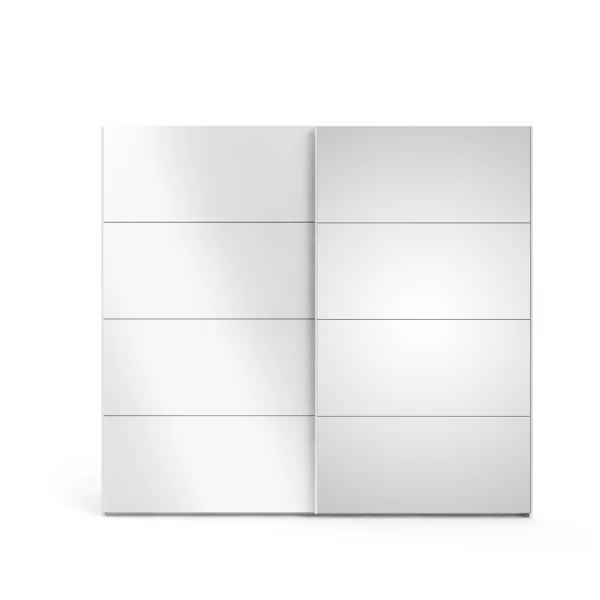 Veto Schiebetürenschrank B243 cm 1 Tür und 1 Spiegeltür weiß und weiß hochglanz.