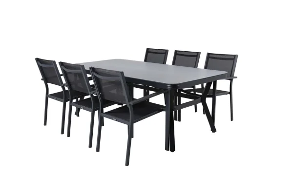 Virya Gartenset Tisch 100x200cm schwarz, 6 Stühle Copacabana schwarz.