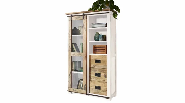 Vitrine mit Schiebetür Mango massiv weiß Breite 100 cm - EMANUEL
