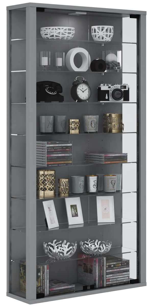 Vitrosa Maxi Vitrinenschrank Wandhängend mit 2 Glastüren 8 Glasböden Silberfarbig.