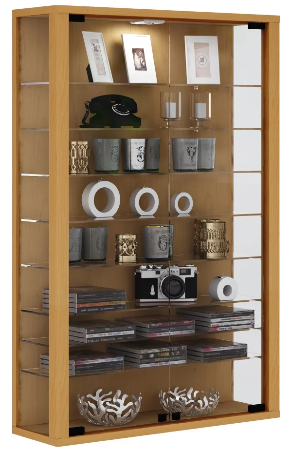 Vitrosa Mini Vitrinenschrank Wandhängend mit 2 Glastüren 8 Glasböden Buche dekor.