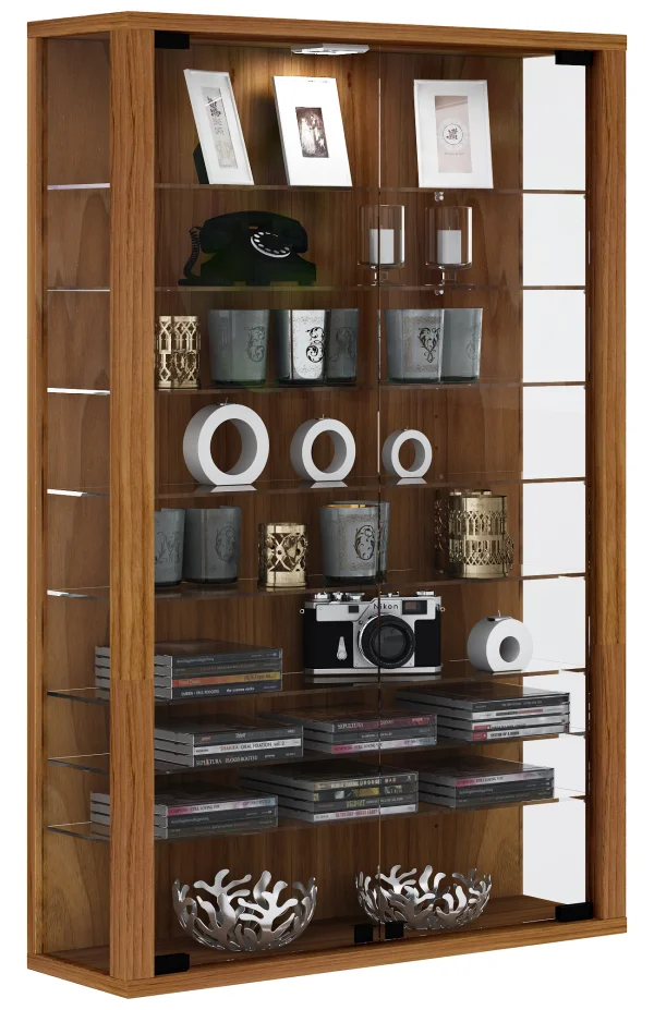 Vitrosa Mini Vitrinenschrank Wandhängend mit 2 Glastüren 8 Glasböden Kern-Nussbaum dekor.