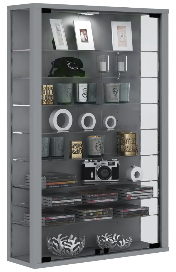 Vitrosa Mini Vitrinenschrank Wandhängend mit 2 Glastüren 8 Glasböden Silberfarbig.