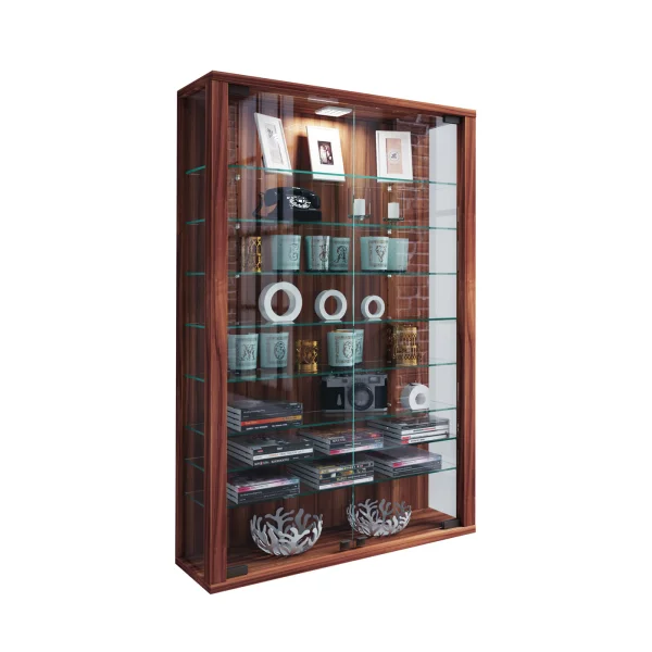 Vitrosa Mini Vitrinenschrank wandhängend mit 2 Glastüren und Licht Kern-Nussbaum dekor.