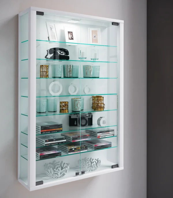 Vitrosa Mini Vitrinenschrank wandhängend mit 2 Glastüren und Licht weiß.
