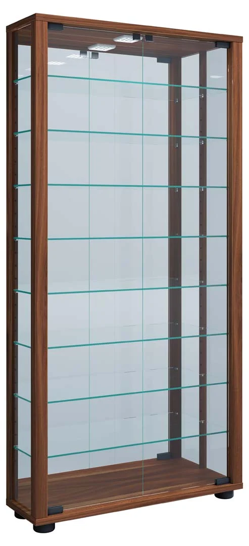 VitrosaMaxi Vitrinenschrank wandhängend mit Spiegel 2 Glastüren Inkl. LED-Leuchten Nussbaum dekor.