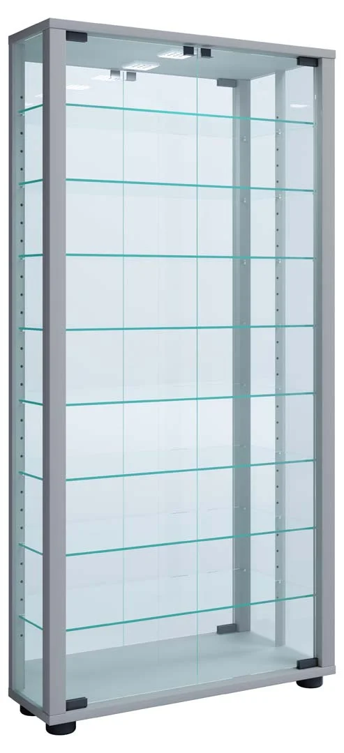 VitrosaMaxi Vitrinenschrank wandhängend mit Spiegel 2 Glastüren Inkl. LED-Leuchten silberfarben.