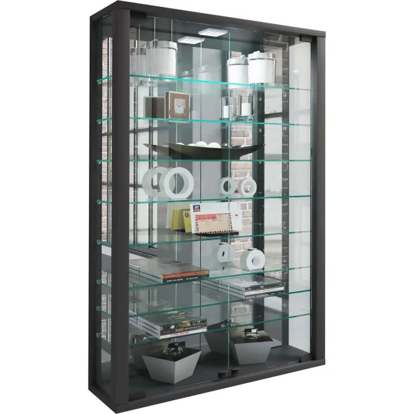 VitrosaMini Vitrinenschrank wandhängend mit Spiegel 2 Glastüren Inkl. LED-Leuchten schwarz.