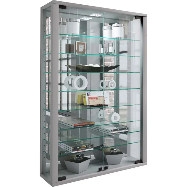 VitrosaMini Vitrinenschrank wandhängend mit Spiegel 2 Glastüren Inkl. LED-Leuchten silberfarben.