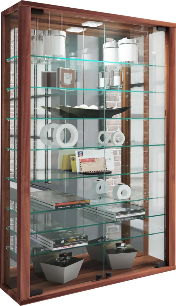 VitrosaMini Vitrinenschrank wandhängend mit Spiegel 2 Glastüren Nussbaum dekor.