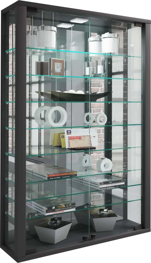 VitrosaMini Vitrinenschrank wandhängend mit Spiegel 2 Glastüren schwarz.