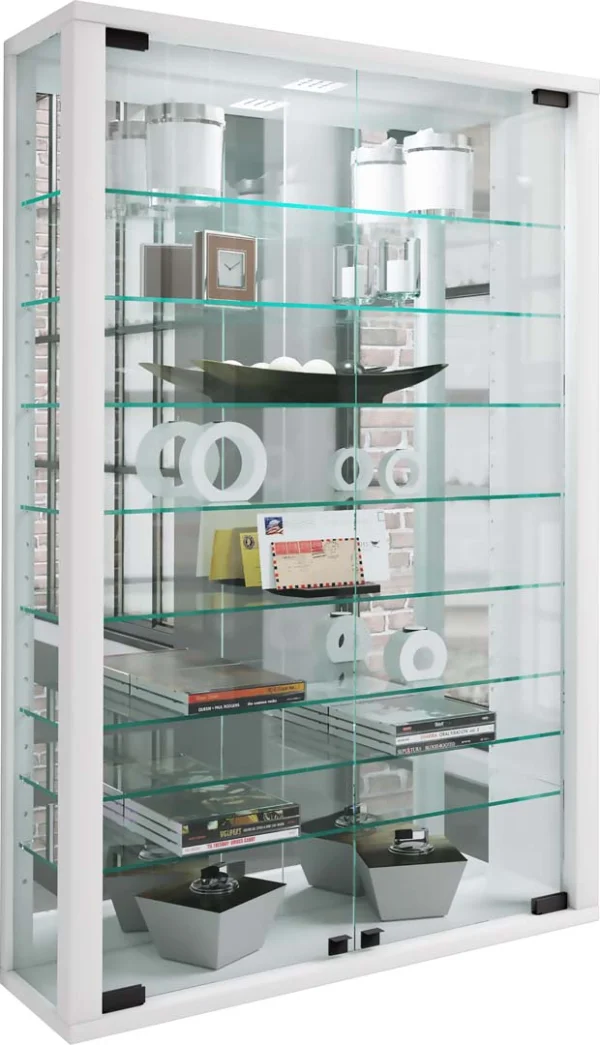 VitrosaMini Vitrinenschrank wandhängend mit Spiegel 2 Glastüren weiß.