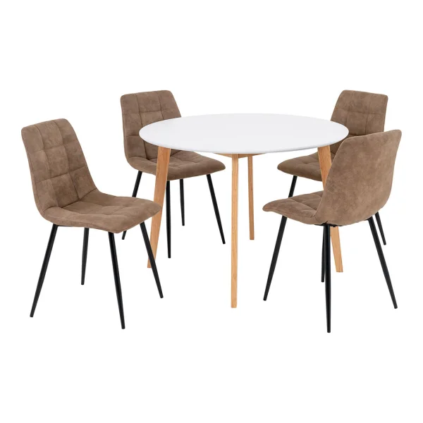 Vojens Essgruppe Esstisch Ø105cm Weiß und 4 Middelfart Stuhl braun.