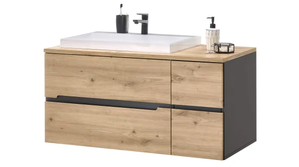 Waschbeckenunterschrank mit Becken Eiche - grau - MEMPHIS