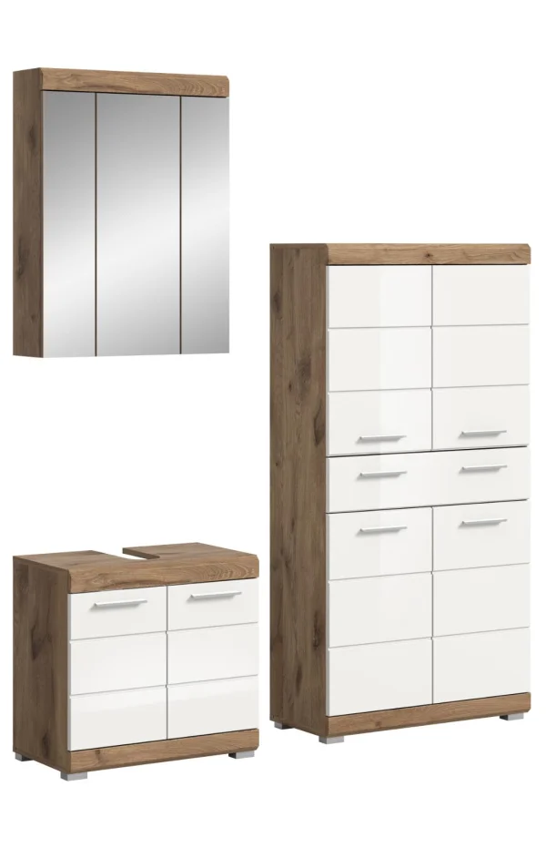 Wave Badmöbelset W2 Weiß hochglanz, Eiche Dekor.