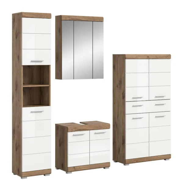 Wave Badmöbelset W3 Weiß hochglanz, Eiche Dekor.