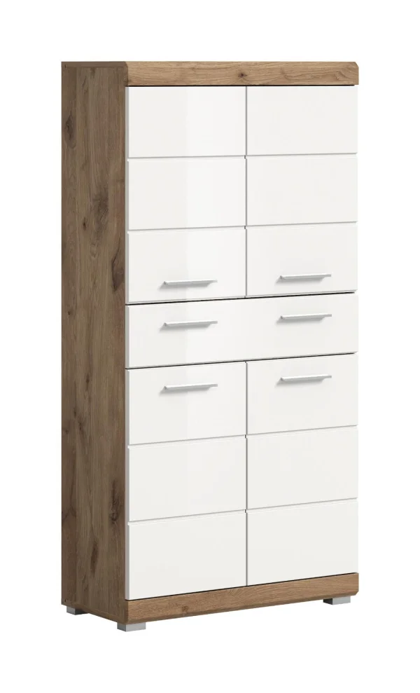 Wave Badschrank 4 Türen, 1 Schublade Weiß hochglanz, Eiche Dekor.