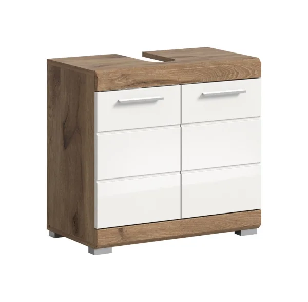 Wave Waschbeckenunterschrank 2 Türen Weiß hochglanz, Eiche Dekor.