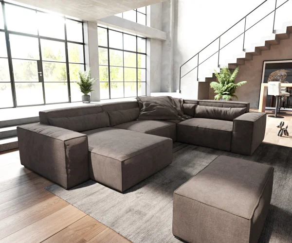 Wohnlandschaft Sirpio 300x200 cm Mikrofaser Khakibraun Recamiere variabel mit Hocker
