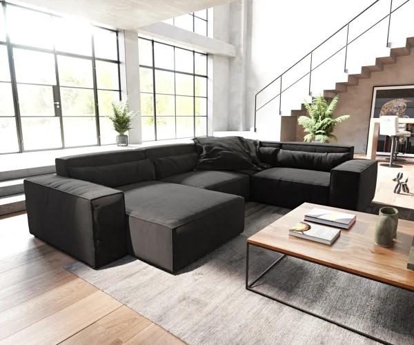 Wohnlandschaft Sirpio 300x200 cm Mikrofaser Schwarz Recamiere variabel