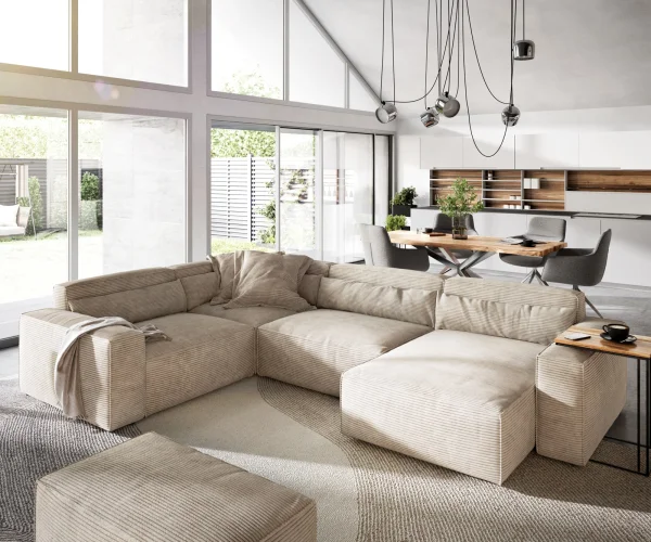 Wohnlandschaft Sirpio 300x210 cm Cord Beige Recamiere variabel mit Hocker