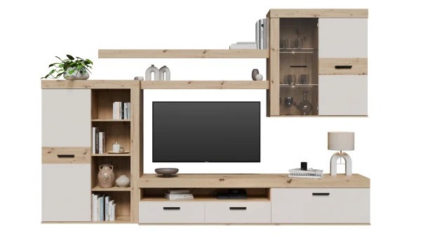 Wohnwand beige Artisan Eiche 300 cm LED-Beleuchtung - ZUMBA