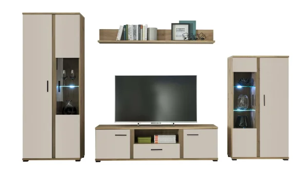Wohnwand beige - Artisan Eiche 340 cm LED-Beleuchtung - KANADA