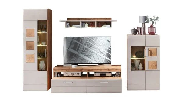 Wohnwand beige Eiche 340 cm - LED-Beleuchtung - SINFONIE