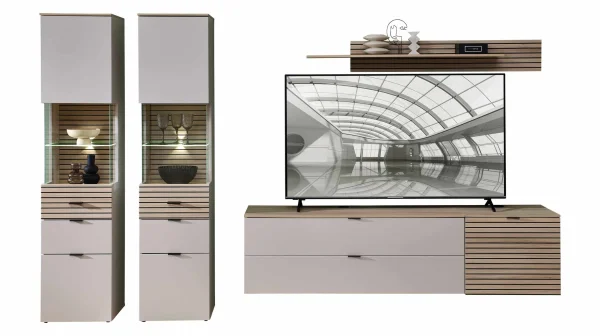 Wohnwand beige - Riva Eiche 320 cm LED-Beleuchtung - INA