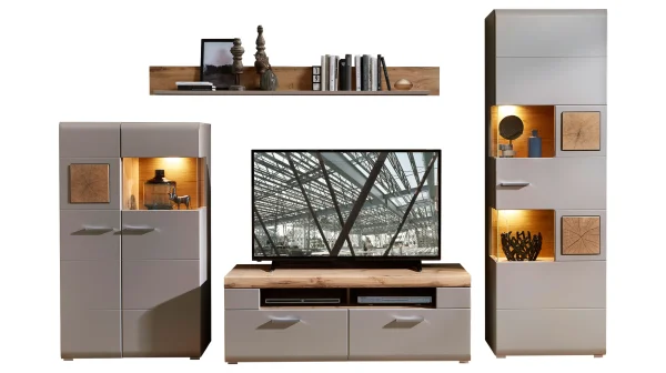Wohnwand grau - Eiche 325 cm - LED-Beleuchtung - FUN PLUS
