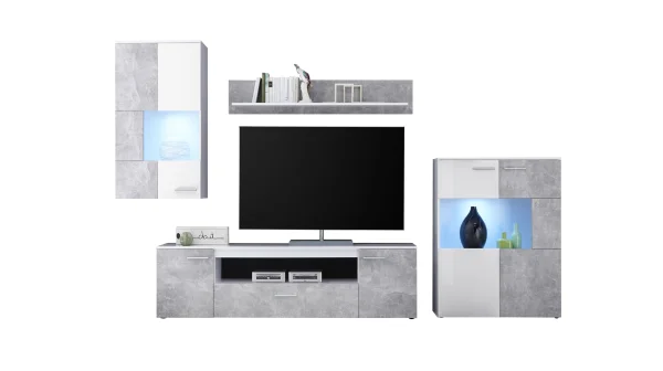 Wohnwand weiß - Betonoptik 290 cm mit LED-Beleuchtung - VULCAN