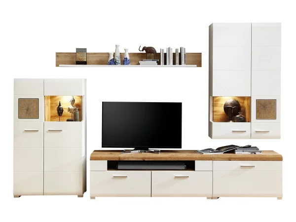 Wohnwand weiß - Eiche - 320 cm - LED-Beleuchtung - FUN PLUS