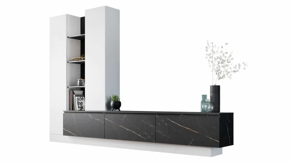 Wohnwand weiß - Marmoroptik 295 cm Anbauwand - MODATO