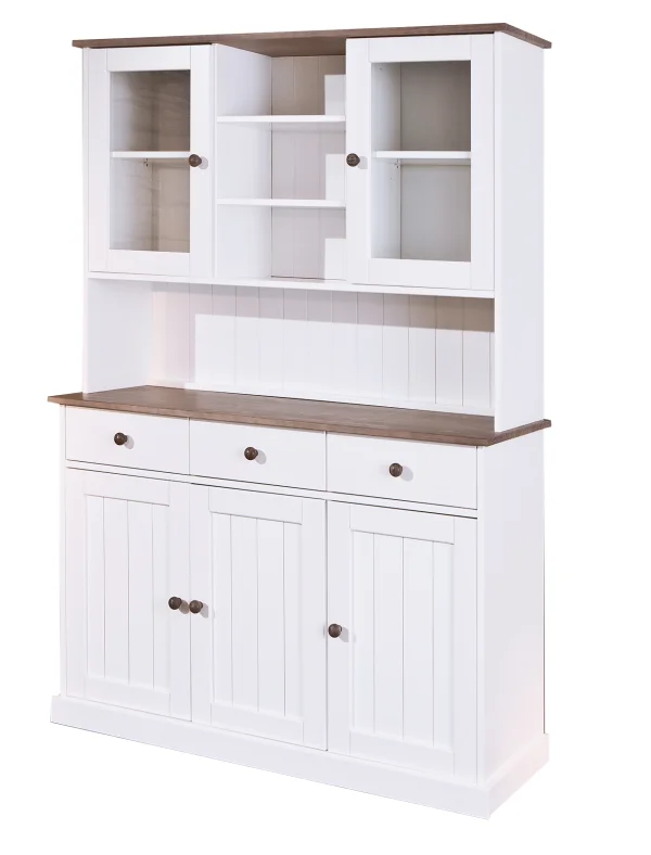Wright Sideboard 3 Türen, 2 Glastüren, 3 Schubladen, 3 offene Fächer, weiss, braun.