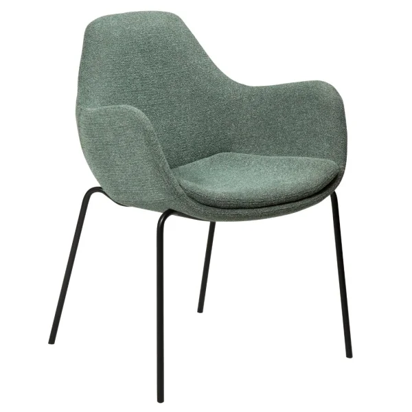 Zimmer Dan-Form Esszimmerstuhl mit Armlehnen Bouclé grünlich.